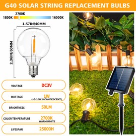 G40 LED Solar Replacement Bulbs,1W Equal to 5W, Plastic E12 Screw Base Shatterproof & Waterproof Globe Bulbs Light for Outdoor String Lights,Patio Cafe Bistro Decor, DC 3V,2700K Warm White,25 Pack