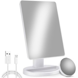 Espejo Maquillaje Iluminado LED Aumento 10x Espejo 21 Luces Táctil Regulable Rotación 180° Doble Alimentación Espejo Cosmético Portátil
