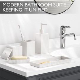 XLHOMO Bathroom Set - White Bathroom Accessories Set, 5PCS Ceramic Bathroom Accessory Set, Bathroom Sets with Soap Dispenser, Toothbrush Tumbler, Soap Dish, Q-tip Holder & Vanity Tray