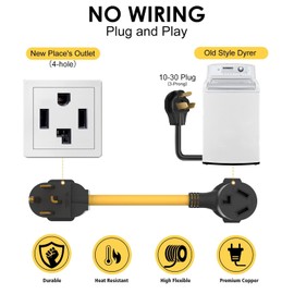 M1A2 Dryer Adapter 4 Prong to 3 Prong Older Dryer to Newer House 1FT 30 Amp with Safety Ground Wire NEMA 14-30P Male to 10-30R Female Outlet Plug Power Cord
