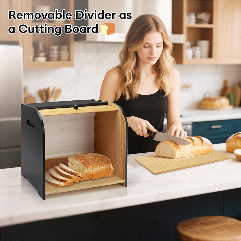 Thalomely Bread Box for Kitchen Countertop, Double Layer Bamboo Bread