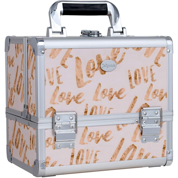 Joligrace Makeup Train Case Cosmetic Organizer Box Lockable with 3 Trays and a Brush Holder White Love Pattern with Mirror