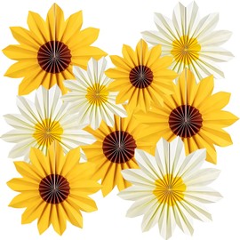 9Pcs Papers Decorations Yellow Paper Fan Party Decoration Supplies White Yellow Paper Fan Flowers Sunflower Themed Decorations for Baby Shower Birthday Party Wedding Graduation 20/25/30cm (Sunflower)