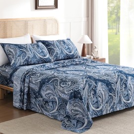 Paisley Sheet Set King, 4 Piece Paisley Pattern Navy Blue Bed Sheet Set, Soft Microfiber 14 Inch Deep Pocket Vintage Bed Sheets - 1 Fitted Sheet, 1 Flat Sheet, 2 Pillowcases (Navy)
