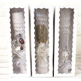 Elegant Our Lady Guadalupe Virgin Mary Baptism Candle Flowers Crystals Cross Lace with Ribbon Favor,Christening,Blessing Day,Communion Candle,Christening Ceremony Candle (Silver)