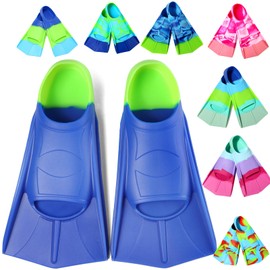 Fanwill - Aletas de natación para niños, aletas cortas y cómodas para natación y entrenamiento para niños, niñas, niños, principiantes (azul y ácido lima, XS)