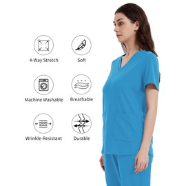 QBK Yoga Scrub Top for Women V Neck Shirt with 2 Pockets, Comfort Soft Stretch, Easy Care (S,Ceil Blue)