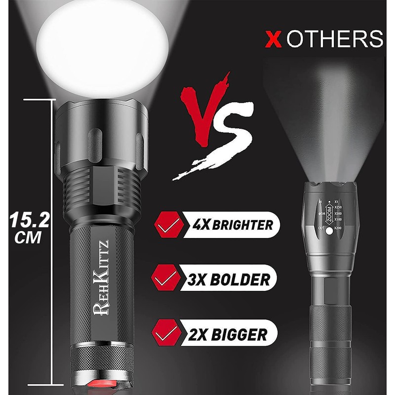 REHKITTZ Torch LED Torches Super Bright,3300 Lumens Adjustable Focus Flashlight