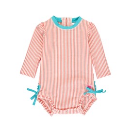 RuffleButts Coral Seersucker Long Sleeve One Piece Rash Guard - 6-12m