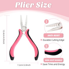 Vlasy Hair Extensions Pliers Kit, 3PCS Professional Hair Extensions Tool Kit with 3 Holes Hair Extension Pliers, Loop Needle Threader and Pulling Hook Needle for Nano Beads and Microlink Beads (Pink)