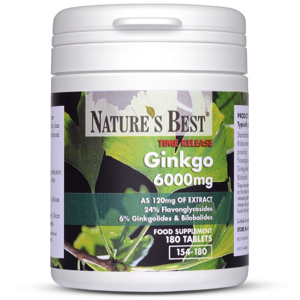 Ginkgo Biloba 6000mg | High Strength | 180 One-A-Day Vegan Tablets | Pure Grade Extract and Time Release Formula | UK Made and Purest Extract Available in The UK