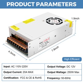 HPMN 12V 20A 240W Power Supply AC 110V-220V to DC 12 Volt 20Amp Switching Power Transformer Converter LED Driver for Security System CCTV Camera LED Strip Light