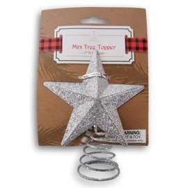 Glitter Miniature 5 Point Star Tree Topper - 5 Inches Tall - Spiral Base (Silver)