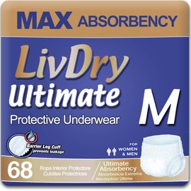 LivDry Ultimate Adult Incontinence Underwear, Max Absorbent Adult Diapers with Leak Protection, Medium, 68-Pack
