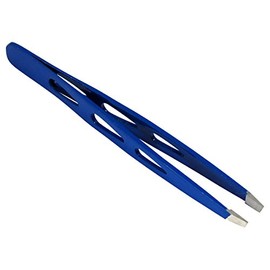 HTS 172D4 4" Blue Slanted Eyebrow Tweezers with Droplet Holes