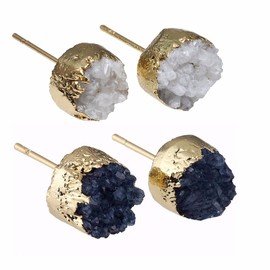 SUNYIK White & Black Titanium Coated Crystal Quartz Geode Druzy Stud Earrings