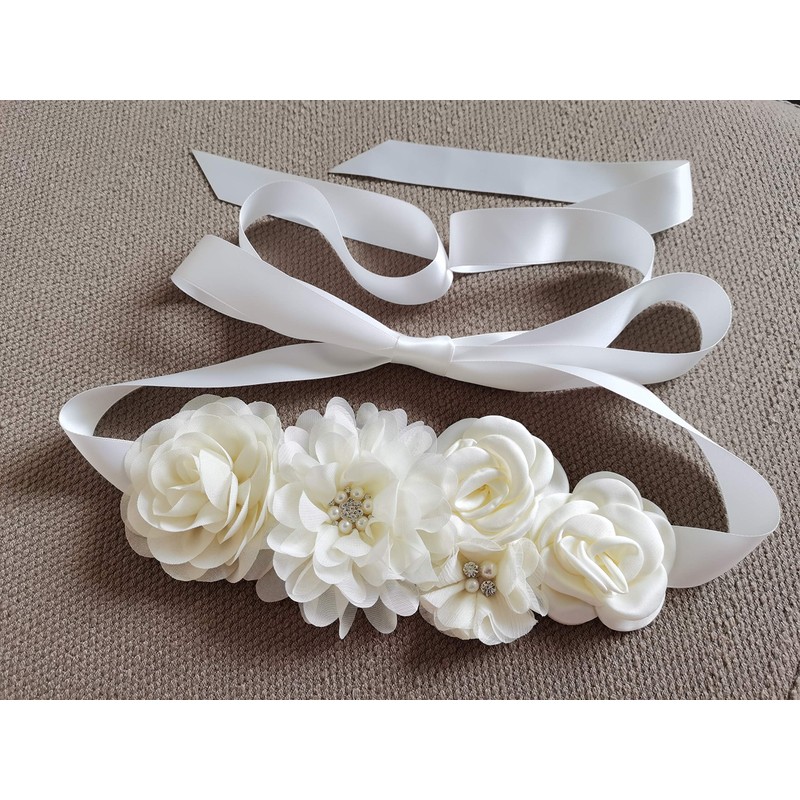 Handmade maternity sash belt with flowers and bow rhinestones decor