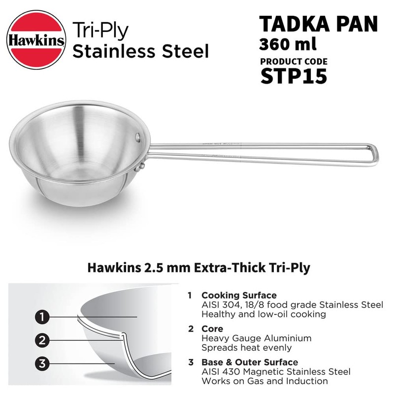 Hawkins 1.5 Cup Tadka Pan, 360 ml Triply Stainless Steel