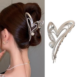 Heart Hair Clips Silver Metal Hair Claw Clip Sweet Hearts Shaped Hair Jaw Clip with Rhinestones Pearl Design Shiny Strong Hold Nonslip Hair Accessories Exquisite Valentinee Day Claws Hair Barrettes