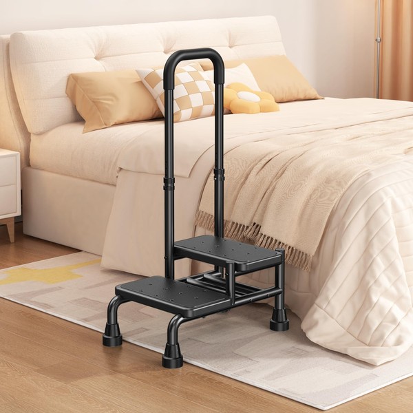 2 Step Stool with Handle for Seniors - Adjustable Handrail