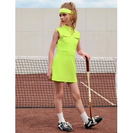 Perfashion Tennis Dress for Teen Girls Golf Neon Green Dress Workout Tennis Outfit with Bra A Line Skirts Size 12 13