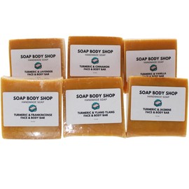 Turmeric Brightening Soap Set with Goat’s Milk – 6-Piece, No Kojic Acid, Handmade Face & Body Soap Bars with Lavender, Vanilla, Cinnamon, Jasmine, Ylang Ylang & Frankincense – Nourishing Lather, 3.5 oz Each