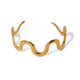 Fantasy Rannie Luxurious Gold-Plated Minimalist Wavy Bangle Bracelet, 18K Gold-Plated Open Cuff for Women, Modern Sculptural Jewelry, Bold and Elegant Statement Bracelet