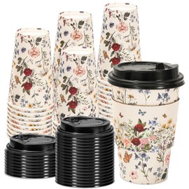 JarThenaAMCS 50 Sets Vintage Floral Coffee Cups with Lids and Sleeves 16oz Coffee Wildflower Paper Cups Disposable To Go Coffee Cups for Cafes Shops Cappuccino Chocolate Beverage Cocoa