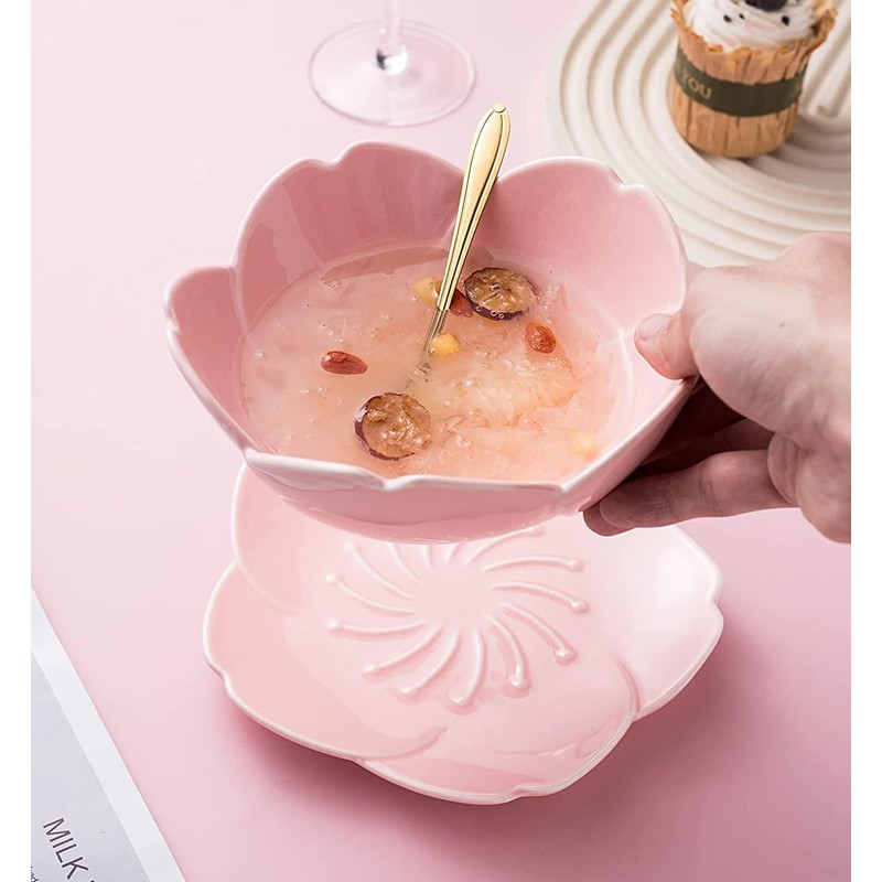 KKGUD Cute Cherry Blossom Ceramic Serving Bowl with Saucer and