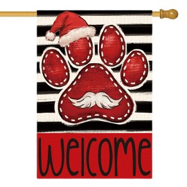 AVOIN colorlife Santa Paw Print Christmas House Flag 28x40 Inch Double Sided Outside, Welcome Stripes Winter Holiday Yard Outdoor Decorative Flag