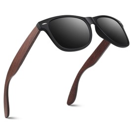 CGID Wooden Polarised Sunglasses Men Women Mirrored Original UV400 CAT 3 M08, Matt Black Frame | Grey Lens