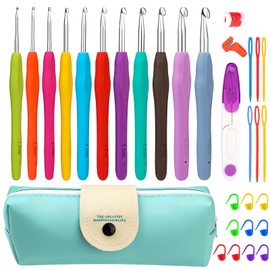 Ruasol Crochet Hook Set, 11 Sizes Crochet Hook Set, 32 Pieces Non-Slip Yarn Knitting Needle Set, Knitting Needles with Ergonomic Handles for Arthritic Hands, with Blue Case for Crocheters