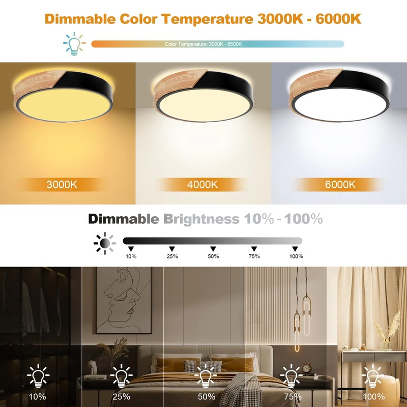 Yexati Ceiling Light Wood,Dimmable Ceiling 3000K-6000K,Remote Controlled Led Ceiling Light,24W