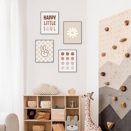 PLKMN Boho Girls Room Decor, Daisy and Beige Wall Art, Retro Preppy Prints with Checkered Peace Hand Design, 8x10 Inch, Unframed