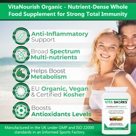 VitaNourish Organic. Nutrient-Dense Potent Vegan Whole Food Supplement for Total Immunity. Essential Vitamins & Minerals from 100% Organic Kosher Fruit, Vegetable & Herbal Blend