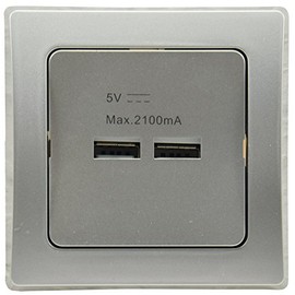 ChiliTec Delphi USB Charging Socket, 5 V 2100 mAh/2.1 A, 2-Way, Flush-Mounted, Combinable, Silver for Tablet, Smartphone, Smartwatch, Silver