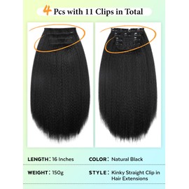 WIGNEE Kinky Straight Clip Ins Hair Extensions 4 Pcs Yaki Straight Clip Ins with Lace Weft 16 Inch Natural Black Clip In Hair Extensions Black Women Seamless Clip Ins for Black Women