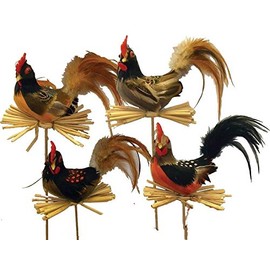 Factory Direct Craft Artificial Feathered Tail Roosters on Picks | 4 Picks | for Indoor Decor