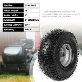 AR-PRO 15 x 6.00-6 Tire and Wheel Set - Replacement 15x6-6 Riding Mower Front Tires Compatible with John Deere/Cub Cadet Riding Mower- 3" Offset Hub and 3/4" Bushings, 4Ply Pneumatic (Set of 2)