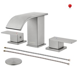 Brushed Nickel Bathroom Faucet 3 Hole, OMEKNTOP 8 Inch Waterfall Bathroom Faucet with Overflow Pop Up Drain and cUPC Hose, Two Handle Bathroom Sink Faucet for Basin Lavatory Vanity
