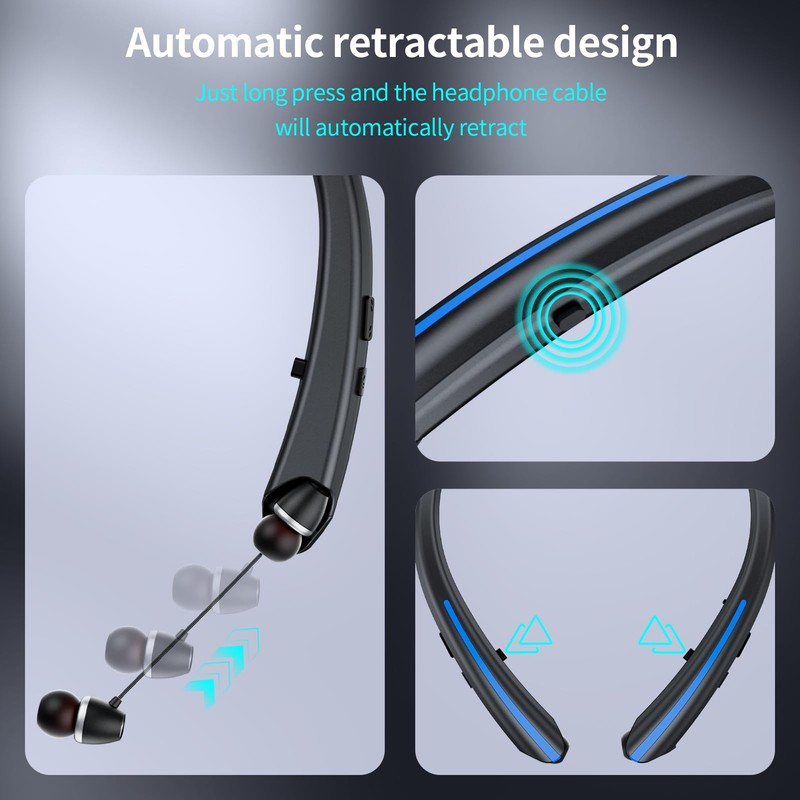 ZIQOPGD Neckband Retractable Bluetooth Headphones, Wireless Headset with 22H Playtime,