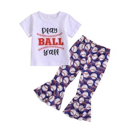 Toddler Baby Girl Baseball Outfit Play Ball Y'all Baseball T Shirt Top Flare Pants Set 2Pcs Summer Baseball Clothes (Blue White, 3-4 Years)