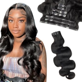 FBLhair 16 inch Seamless Body Wave Clip in Extensions Real Human Hair Extensions Clip Ins 110g 7pcs Seamless Clip in Hair Extensions Real Human Hair Thick Body Wavy Pu Clip Invisible #1B Natural Black