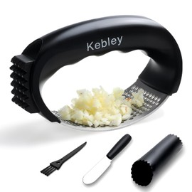 Kebley Garlic Press Rocker Stainless Steel Garlic Crusher, Mincer and Chopper with Peeler and,Scraper,brush,loose meat hammer Easy Kitchen Gadget for Effortless Smashing