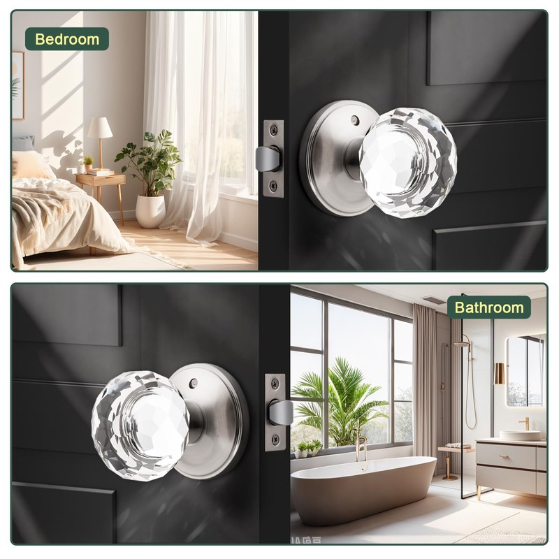 Lepushom 1 Pack Crystal Door Knobs Interior, Elegant Satin Nickel