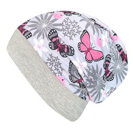 Wollhuhn Eco Warm Cuddly Winter Boys / Girls Winter Beanie Hat with Fleece Lining Various Designs (Made of Eco Fabrics, Organic) 20220666 (Butterflies Grey/Pink, M), Butterflies grey-pink