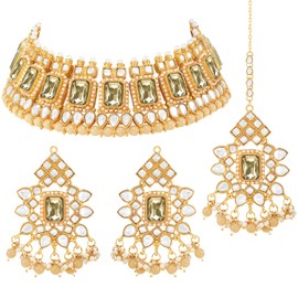 Aheli Kundan Dangling Pearls Necklace Earring Maangtikka Fashion Jewelry Set for Women