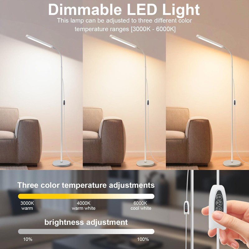 White LED Reading Floor Lamp, Bright 12W Dimmable Standing Light,