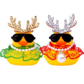 Mwmoeen Christmas Rubber Duck Car Decorations, Pack of 2 Rubber Duck Car Dashboard Decorations with a Lace Dress and Mini Antlers and Sunglasses, Suitable for Car, Home Decoration
