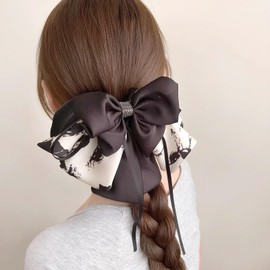 Rannyrena Large Chiffon Silk Hair Bow for Women Mesh Big Bows Hair Clips with Pearls Crystal Tulle Hair Barrettes Long Tail Bowknot Hair Accessories (Black and White)